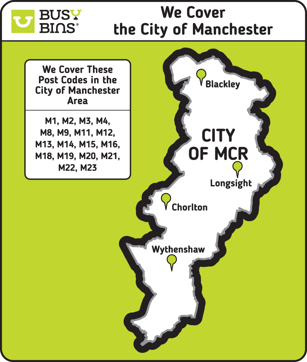 We cover the city of Manchester map. White map on a green background of the Manchester city council operating area. We cover the postcodes M1, M2, M3, M4, M8, M9, M11, M12, M13, M14, M15, M16, M18, M19, M20 M21, M22, M23.