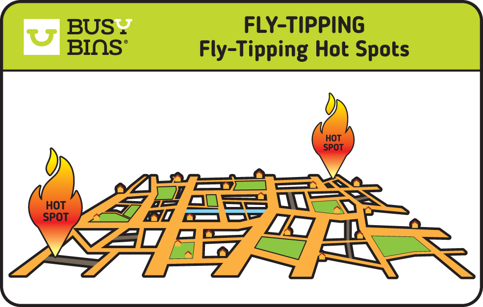 Fly-Tipping Hot Spots. Simplified image of a town map with flames coming up from the picture to show the hot spots where people fly-tip.