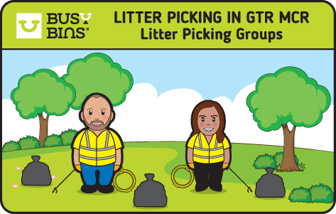Litter Picking Groups in Greater Manchester. Image of two volunteers in a park setting on grass with trees in the background. One male and one female volunteer. They have hi viz vests on and a litter picker and hoop in each hand. Surrounding them are full bin bags which shows that they have completed a litter pick. Busy Bins.