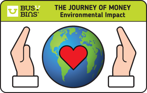 The Journey of Money. Environmental Impact. A globe with a red love heart on top of it with two large hands embracing the globe to show the positive impact on the environment.