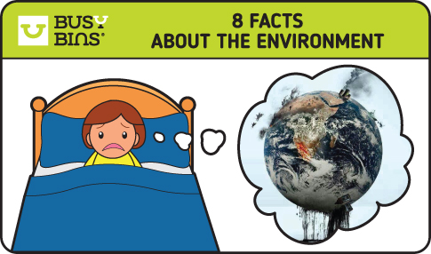 8 Facts about the environment. Woman with a sad expression sat up in a single bed with a blue duvet and pillow. Thought bubble coming out with an image of the earth on fire.