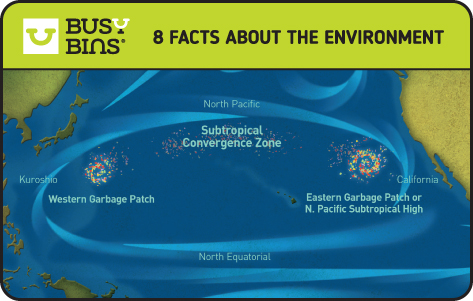 8 Facts about the Environment. The Great Pacific Garbage Patch Image. An image of the pacific ocean with labels on that show the western garbage patch, the subtropical convergence zone and the eastern garbage patch.