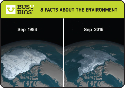 8 Facts about the Environment. Polar Ice Caps Melting. Two contrasting images to show the difference in the size of the polar ice cap. On the left from 1984 is much larger coverage of the arctic comparing that to the satellite image from 2016 where it has clearly shrunk.
