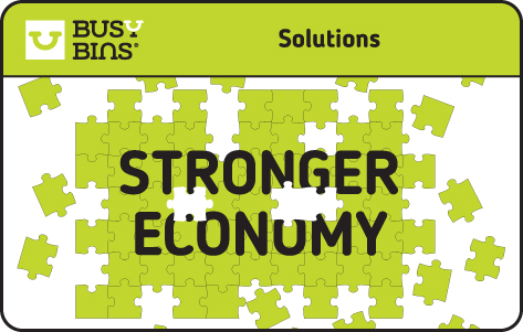 Why Inequality in Society is Bad for Business. Title: Solutions. Image of a Green Jigsaw puzzle with the words stronger economy on it with loose jigsaw pieces around the side.